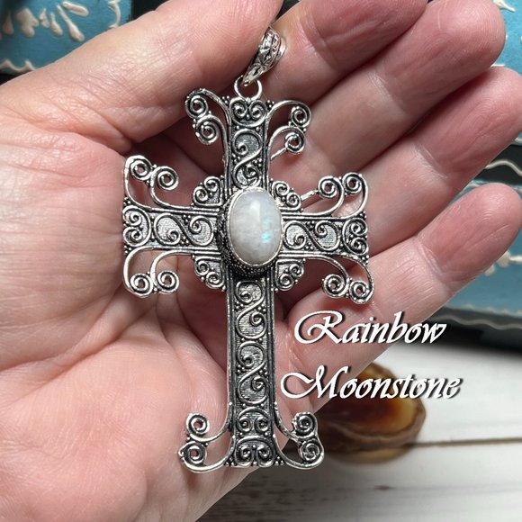 Rainbow Moonstone Cross Pendant Handmade Gemstone Crystal Silver Overlay Large - Picture 1 of 10